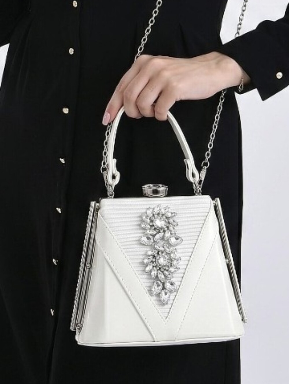 LA MAREY White Faux Leather Clutch/ Convertible Xbody Rhinestones - Picture 4 of 15